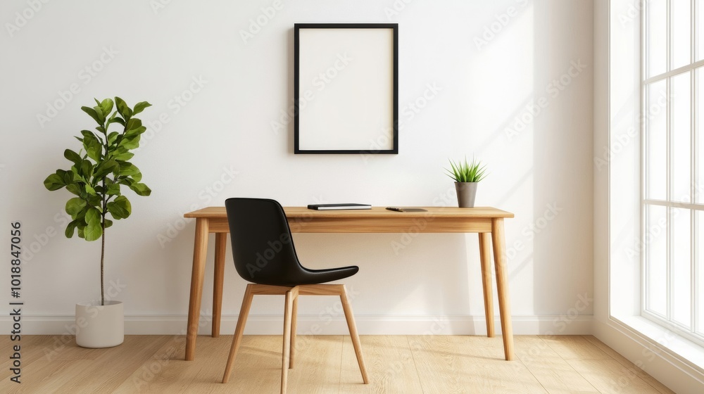 Relaxing desk setup with a motivational quote framed on the wall, promoting positivity and stress relief at work Relaxing desk setup with a motivational quote framed on the wall, promoting positivity and stress relief at work
