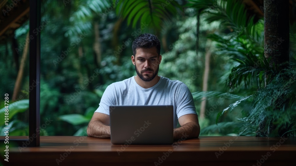 Remote worker using a laptop inside a treehouse, surrounded by lush jungle foliage, natural and creative workspace Remote worker using a laptop inside a treehouse, surrounded by lush jungle foliage, natural and creative workspace