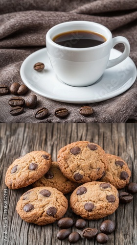 A warm cup of coffee accompanied by a delicious pile of chocolate chip cookies