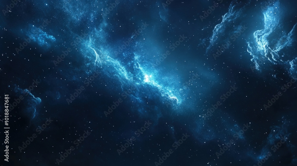 Fototapeta premium A vibrant nebula glows with blue and white light against a deep blue starry sky.