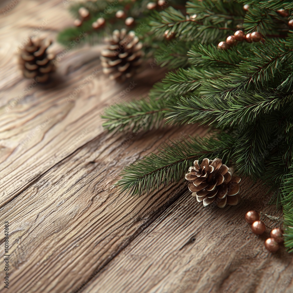 Christmas tree branch decorations on a wooden table Christmas tree branch decorations on a wooden table