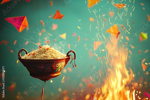 Flying kites in the sky for Makar Sankranti.A warm, inviting bonfire for Lohri.A Pongal pot with rice overflowing, representing the Pongal festival. generative ai photo