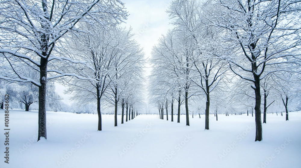 Serene snow-covered woodland with frost-laden branches nestled under a pale winter sky during December Serene snow-covered woodland with frost-laden branches nestled under a pale winter sky during December