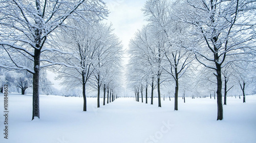 Serene snow-covered woodland with frost-laden branches nestled under a pale winter sky during December 