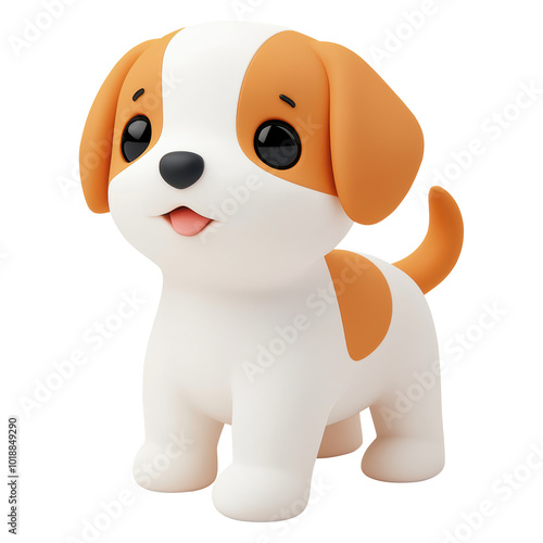 Cute 3D cartoon puppy with brown spots, large black eyes, and a white body. A playful, simplified 3D style, ideal for children's themes or toy illustrations. Isolated on transparent background, png.