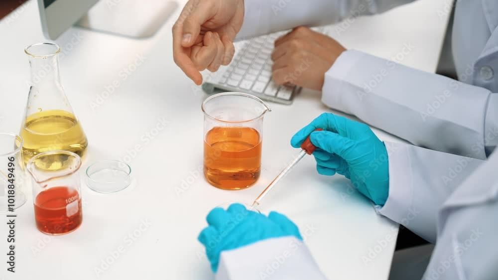 Laboratory healthcare researcher team with scientific expertise, lab equipment, and innovative medical biotechnology software in computer, research new medicines, develop cure. Slow motion. Rigid. Laboratory healthcare researcher team with scientific expertise, lab equipment, and innovative medical biotechnology software in computer, research new medicines, develop cure. Slow motion. Rigid.