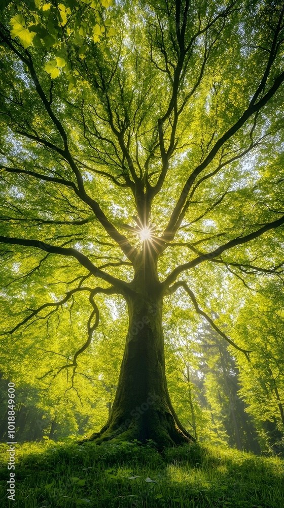 Fototapeta premium Leafy Tree with Thick Branches View from Below, Forest, Nature, Photo Realistic, Wallpaper, Cover and Screen for Smartphone, PC, Laptop, 9:16 and 16:9 Format