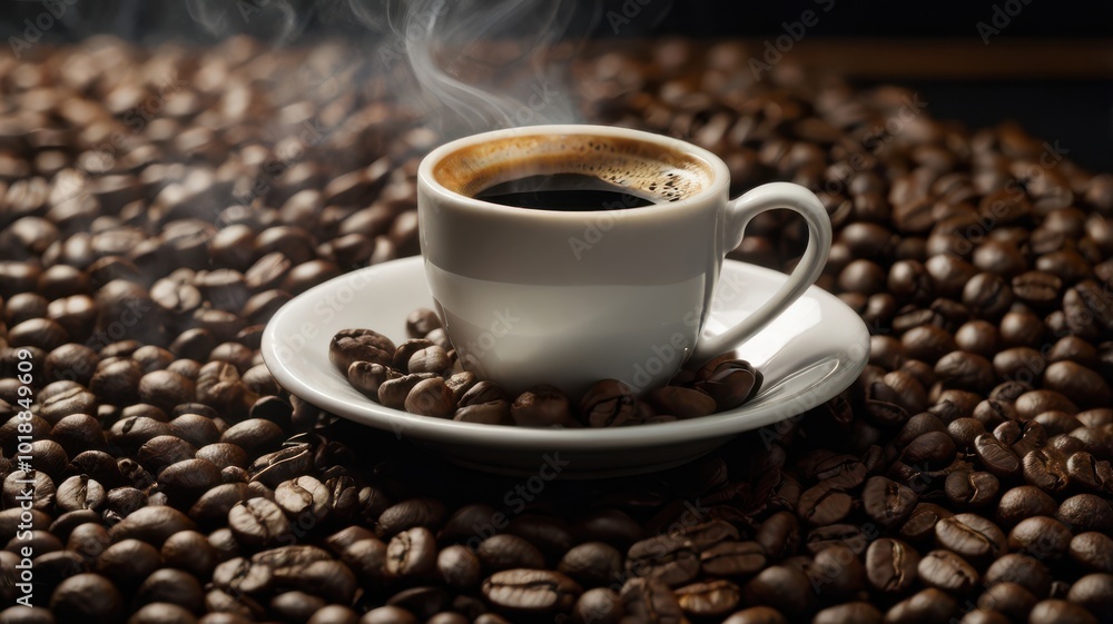 Coffee, Cup, Steam, Coffee Beans, Boiling Water, Plate, Spoon Coffee, Cup, Steam, Coffee Beans, Boiling Water, Plate, Spoon