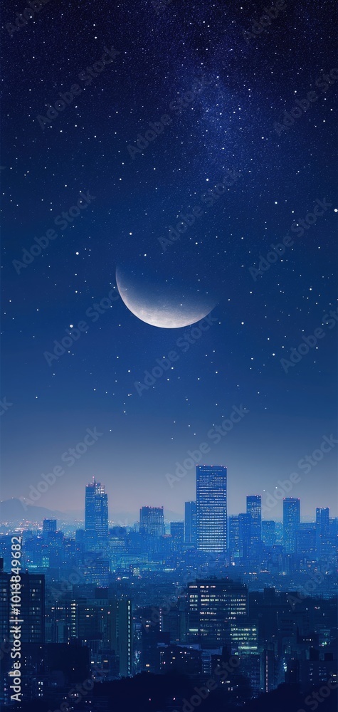 Naklejka premium A stunning city skyline at night illuminated by stars and a crescent moon, creating a perfect phone wallpaper