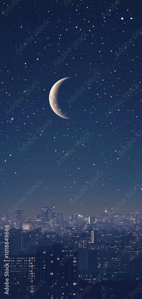 Naklejka premium Stunning city skyline at night under a crescent moon and twinkling stars, perfect for a vertical phone wallpaper