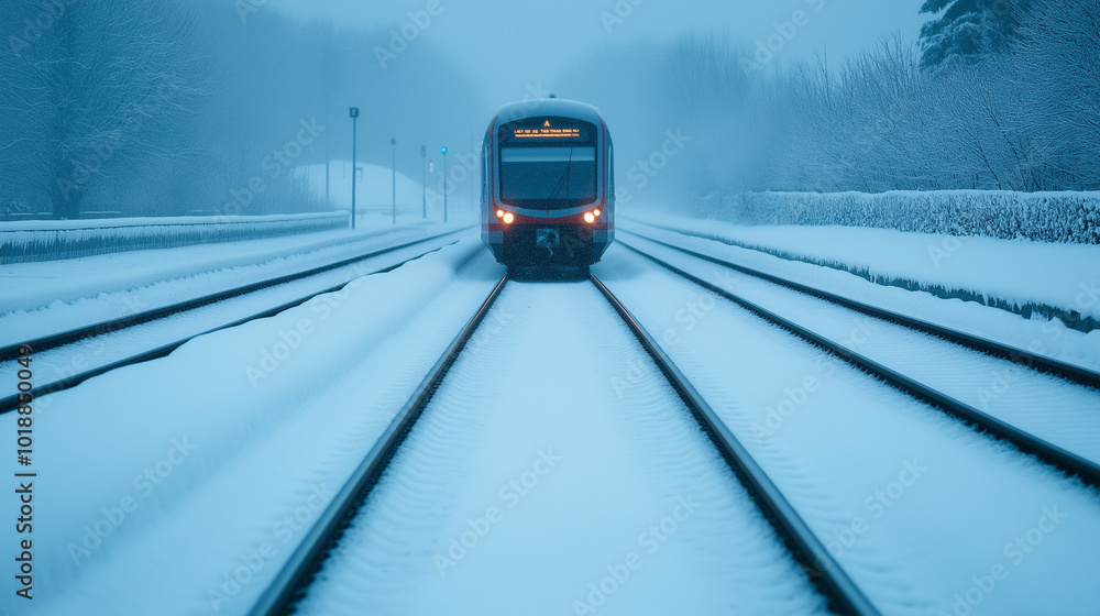 Naklejka premium Snow-covered train tracks, causing delays and disruptions in transportation systems during harsh winter weather