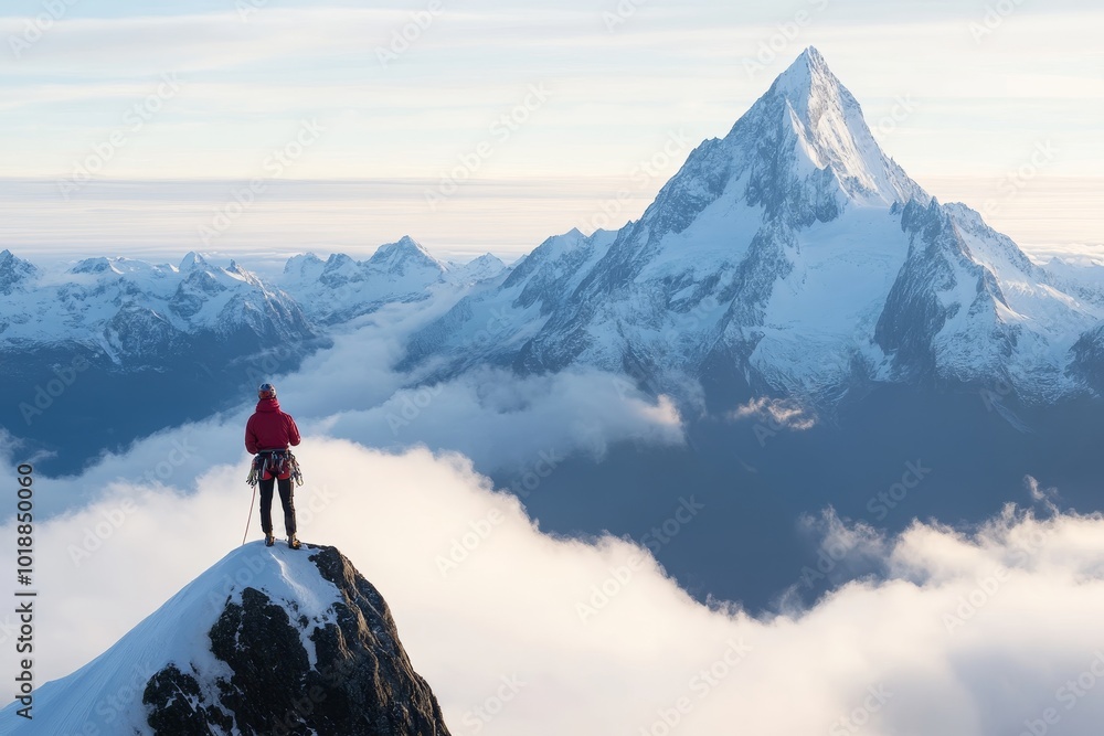 A climber standing on a snowy peak gazes at majestic mountains during a clear morning in the alpine region A climber standing on a snowy peak gazes at majestic mountains during a clear morning in the alpine region