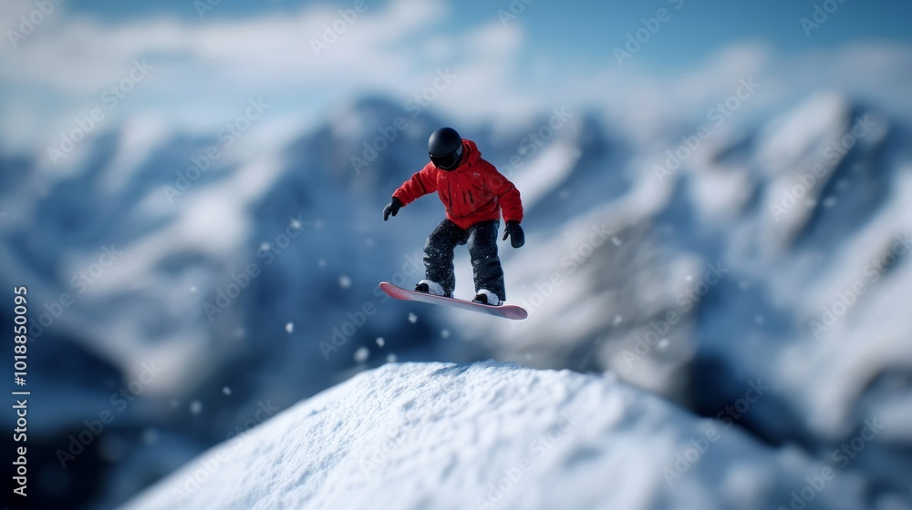Snowboarder mid-air on a snowy mountain jump, performing tricks in a thrilling display of winter fun Snowboarder mid-air on a snowy mountain jump, performing tricks in a thrilling display of winter fun