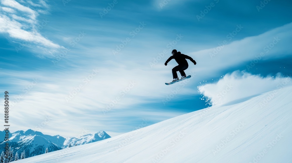 Snowboarder mid-air on a snowy mountain jump, performing tricks in a thrilling display of winter fun Snowboarder mid-air on a snowy mountain jump, performing tricks in a thrilling display of winter fun