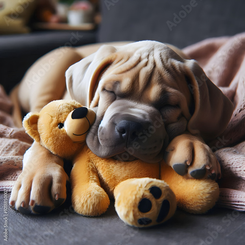 Perrito tierno durmiendo con osito