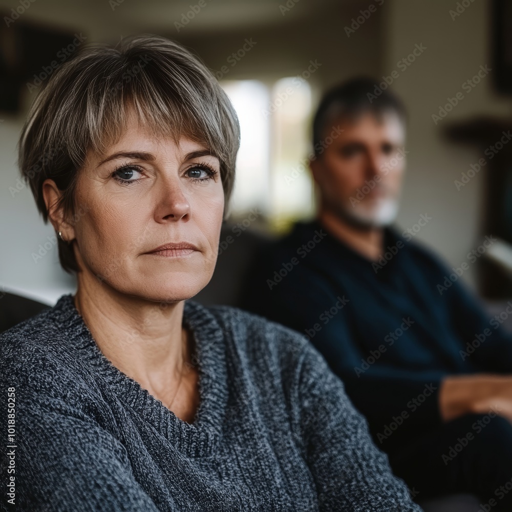 A contemplative middle-aged Caucasian woman sits pensively, while a man appears distant in the background. A contemplative middle-aged Caucasian woman sits pensively, while a man appears distant in the background.