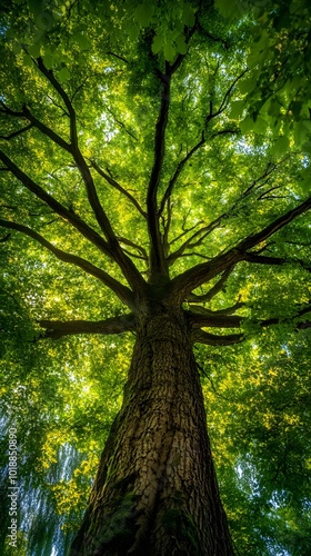 Leafy Tree with Thick Branches View from Below, Forest, Nature, Photo Realistic, Wallpaper, Cover and Screen for Smartphone, PC, Laptop, 9:16 and 16:9 Format