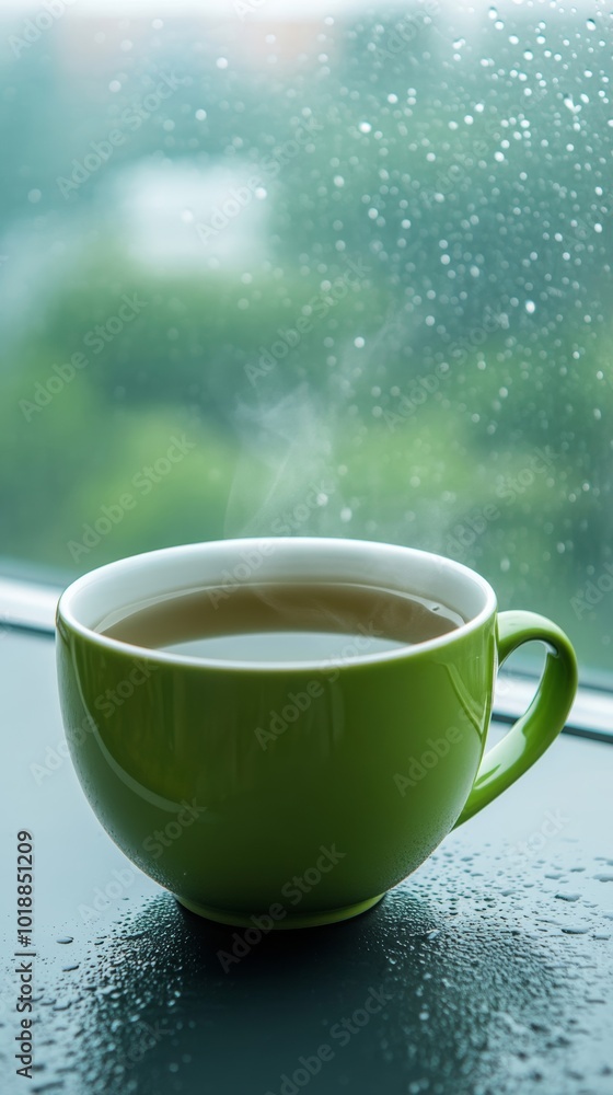 Steaming cup of green tea on a windowsill with raindrops outside, creating a peaceful and meditative tea moment Steaming cup of green tea on a windowsill with raindrops outside, creating a peaceful and meditative tea moment