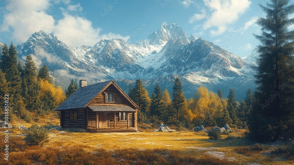 A rustic wooden cabin surrounded by pine trees and a backdrop of snow-capped mountains in the distance A rustic wooden cabin surrounded by pine trees and a backdrop of snow-capped mountains in the distance