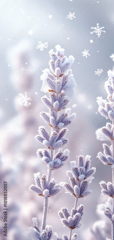 Frozen lavender flowers adorned with delicate snowflakes create a serene winter wallpaper for a cozy atmosphere Frozen lavender flowers adorned with delicate snowflakes create a serene winter wallpaper for a cozy atmosphere
