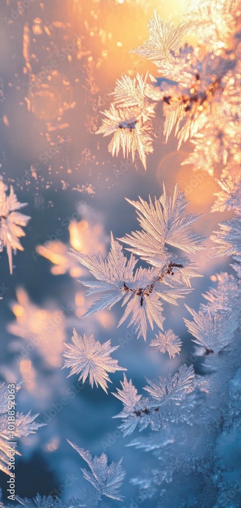 Delicate frost flowers dance on a frozen window, illuminated by gentle winter sunlight in a serene atmosphere Delicate frost flowers dance on a frozen window, illuminated by gentle winter sunlight in a serene atmosphere