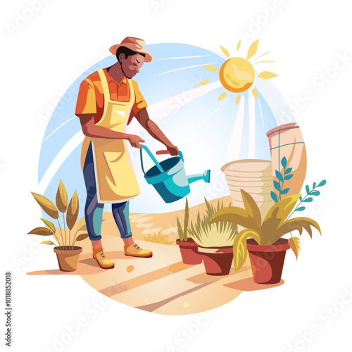 A gardener watering plants in a sunny day, a flat style illustration 