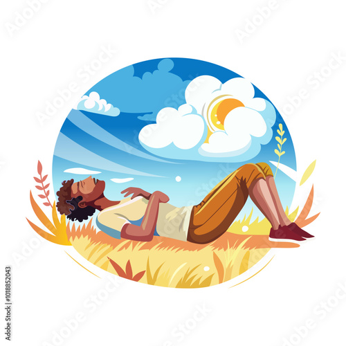 A man sleeping peacefully on a ground in summer, a flat style illustration 