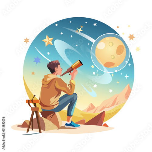 Stargazing with telescope, a flat style illustration 