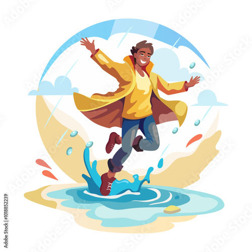 A ma enjoy rain and jumping on water, a flat style illustration 