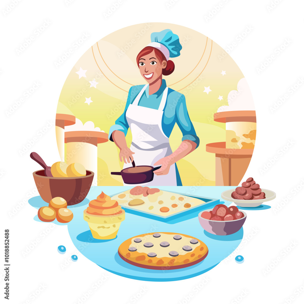 A woman baking cookies, a flat style illustration A woman baking cookies, a flat style illustration