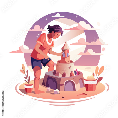 A man making sand castle on beech, a flat style illustration 