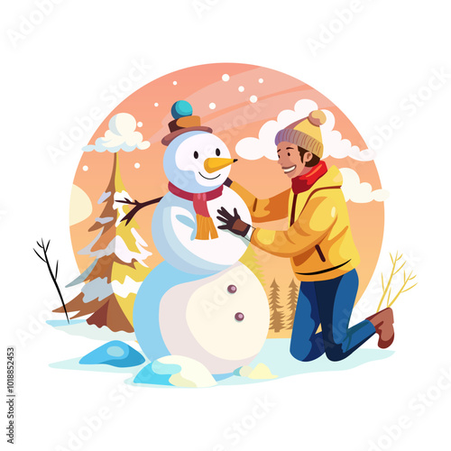 A man making snowman in snowfall, a flat style illustration 