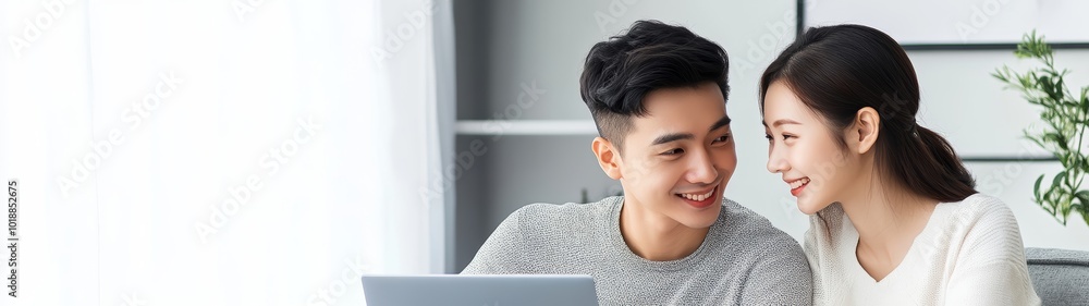 Happy Asian couple enjoying time together while working on a laptop. Happy Asian couple enjoying time together while working on a laptop.