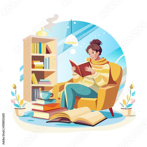 A woman reading book in winter, a flat style illustration