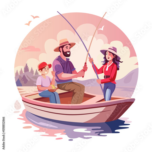 Family fishing illustration in flat style 