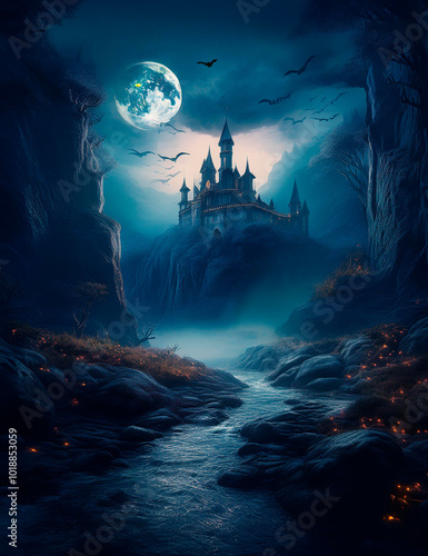 Wallpaper Mural halloween night scene, with castle. Torontodigital.ca