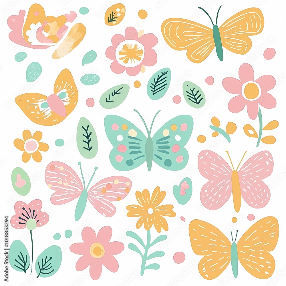 Colorful Butterflies in a Whimsical Garden Setting Colorful Butterflies in a Whimsical Garden Setting