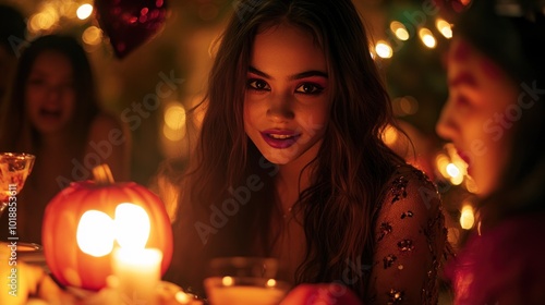 A festive gathering with a young woman, candlelight, and Halloween decorations.