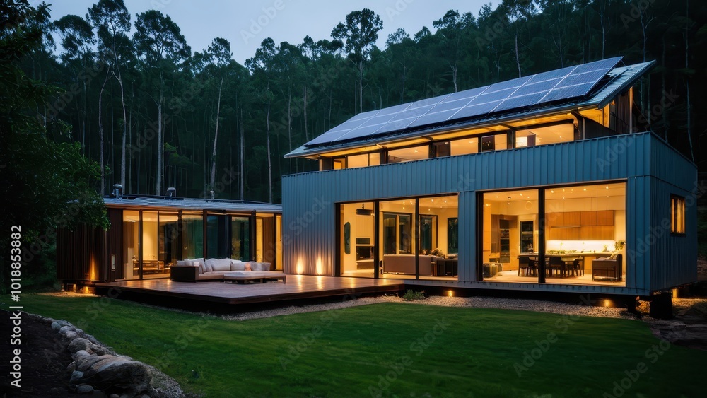 Modern self-sustaining home with large windows and rooftop solar panels, set in a peaceful natural environment. Perfect for showcasing eco-friendly living and sustainable architecture Modern self-sustaining home with large windows and rooftop solar panels, set in a peaceful natural environment. Perfect for showcasing eco-friendly living and sustainable architecture