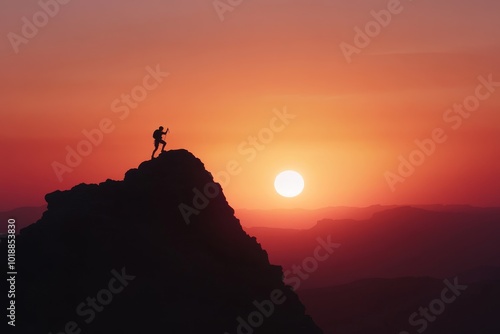 A climber reaches the summit at sunset, silhouetted against a vibrant orange and purple sky in a mountainous landscape