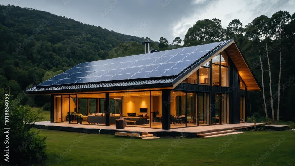 Obraz premium Modern self-sustaining home with large windows and rooftop solar panels, set in a peaceful natural environment. Perfect for showcasing eco-friendly living and sustainable architecture