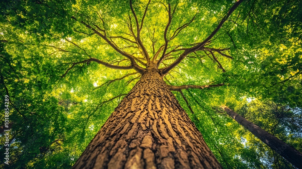 Fototapeta premium Leafy Tree with Thick Branches View from Below, Forest, Nature, Photo Realistic, Wallpaper, Cover and Screen for Smartphone, PC, Laptop, 9:16 and 16:9 Format