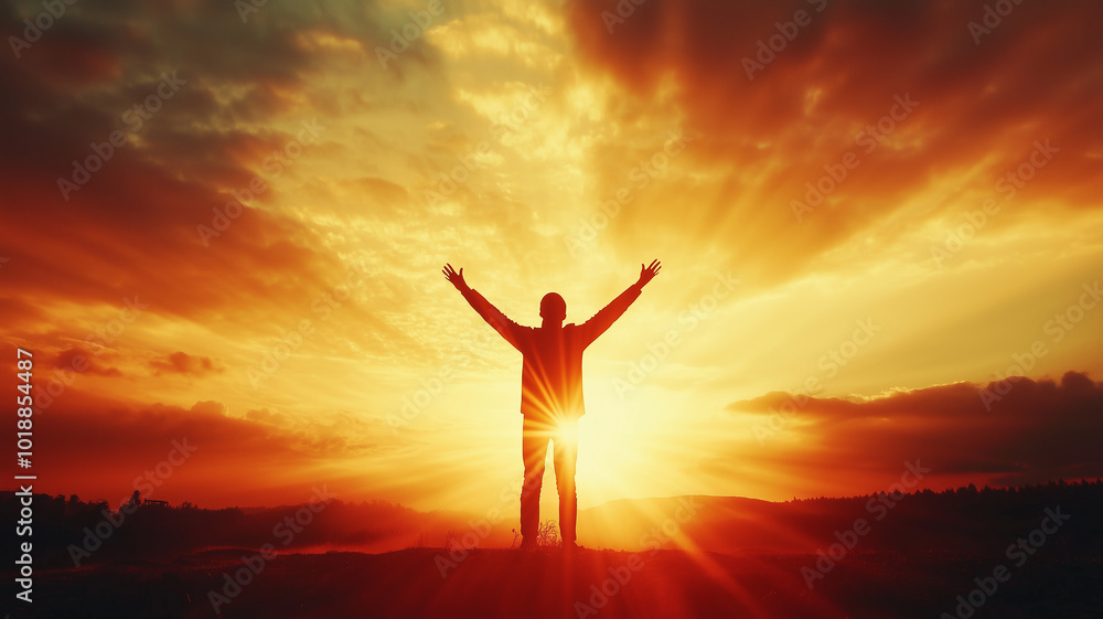 A person standing in front of a radiant sunrise their silhouette symbolizing hope and triumph A person standing in front of a radiant sunrise their silhouette symbolizing hope and triumph