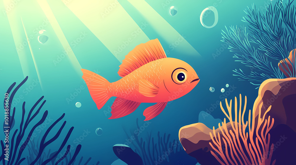 Naklejka premium A fish is swimming in the ocean with the sun shining on it. Coral Reef Lagoon. Illustration