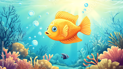 A fish is swimming in the ocean with the sun shining on it. Coral Reef Lagoon. Illustration