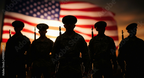 Soldiers standing in front of American flag at sunset military honor patriotic display