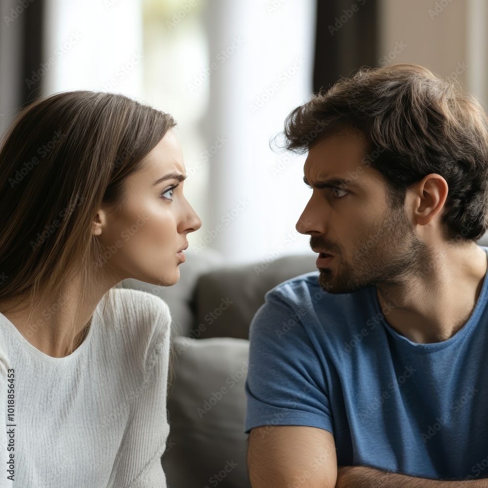 Fototapeta premium A tense moment between a Caucasian couple during an argument, showcasing strong emotions.