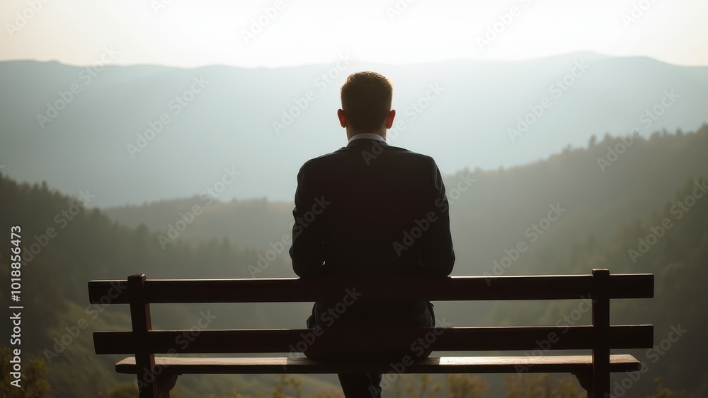 Tranquil Landscape View with Man Sitting on Bench Tranquil Landscape View with Man Sitting on Bench