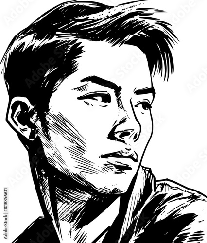 Man portrait in hand drawing or engraving style. 60s styled beautiful comic book character, in black and white