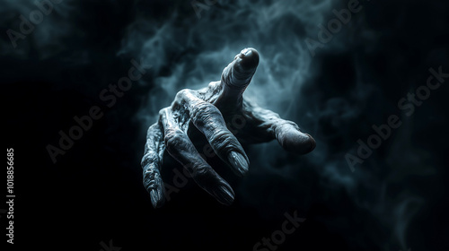 Pointing creepy zombie monster hand on dark smoky background. Halloween concept. Cinematic moody scene, horror movie theme.